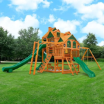 Gorilla Playsets Empire Extreme Wooden Swing Set with Monkey Bars, Clatter Bridge, Tower, and 3 Slides - Image 2