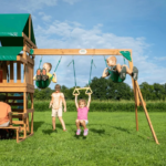 Canyon Creek All Cedar Swing Set Playset w/ Rockwall Upper Fort Belt Swings Web Swing Gray Wave Slide, and Play Kitchen - Image 3