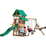 Canyon Creek All Cedar Swing Set Playset w/ Rockwall Upper Fort Belt Swings Web Swing Gray Wave Slide, and Play Kitchen - Image 9