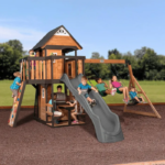 Canyon Creek All Cedar Swing Set Playset w/ Rockwall Upper Fort Belt Swings Web Swing Gray Wave Slide, and Play Kitchen - Image 2