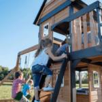 Canyon Creek All Cedar Swing Set Playset w/ Rockwall Upper Fort Belt Swings Web Swing Gray Wave Slide, and Play Kitchen - Image 4