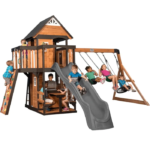 Canyon Creek All Cedar Swing Set Playset w/ Rockwall Upper Fort Belt Swings Web Swing Gray Wave Slide, and Play Kitchen - Image 9